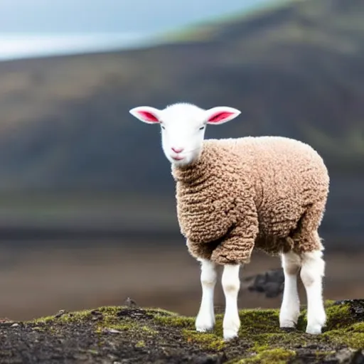 Prompt: lamb wearing a sweater staring at the camera, mid torso up frame, bokeh, iceland hills in the background