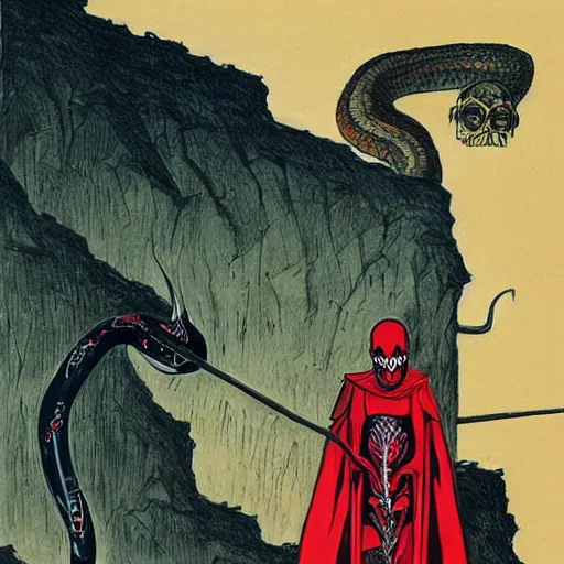 Image similar to A beautiful drawing of a horned, red-eyed, skeleton-like creature, with a long black cape, and a staff with a snake wrapped around it, standing in front of a castle atop a cliff. ikebana by Vincent Di Fate, by Frank Lloyd Wright intuitive