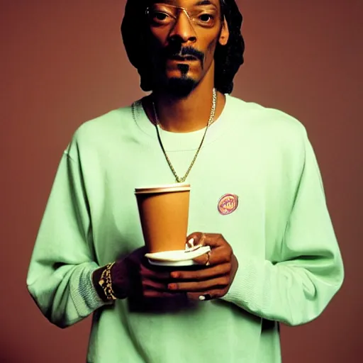 Prompt: Snoop Dogg holding a coffee cup for a 1990s sitcom tv show, Studio Photograph, portrait, C 12.0