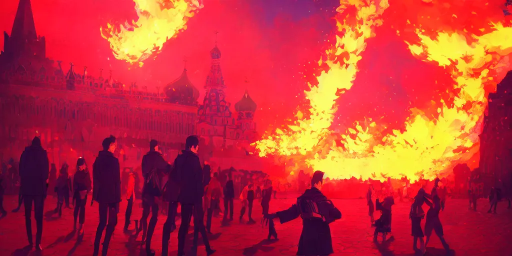 Image similar to high quality picture of burning Red Square in Moscow in flame, rich vivid colors, ambient lighting, dynamic lighting, 4k, HQ, official media, anime key visual, makoto shinkai, ilya kuvshinov, lois van baarle, rossdraws, detailed, trending on artstation