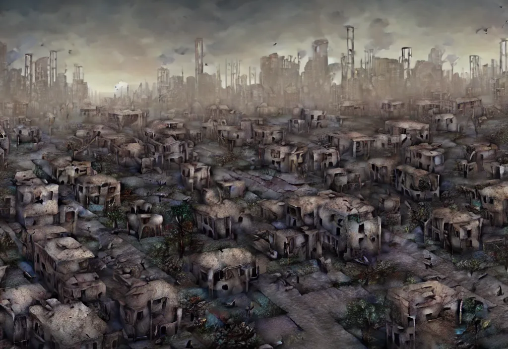 Image similar to dystopian poor village, with decrepit run down houses outside of a much larger town. 8 k, octane render, city in backround, town in foreground, dark, gloomy, sad, polluted