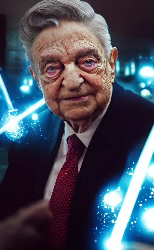 Image similar to Portrait of George Soros, splash art, movie still, cinematic lighting, dramatic, octane render, long lens, shallow depth of field, bokeh, anamorphic lens flare, 8k, hyper detailed, 35mm film grain