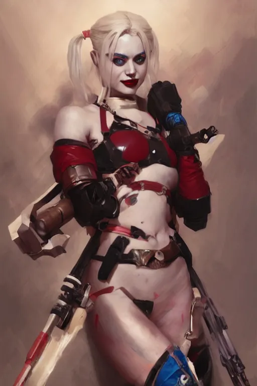 Image similar to portrait of Harley Quinn in bikini armor, dc comics, cyberpunk, Warhammer 40000, dark fantasy, digital art from artstation by Ruan Jia and Mandy Jurgens and Artgerm and william-adolphe bouguereau
