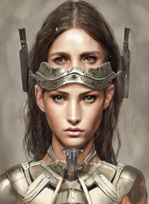 Image similar to a professional portrait of an attractive young girl, partially clothed in battle armor, olive skin, long dark hair, beautiful bone structure, symmetrical facial features, intricate, elegant, digital painting, concept art, smooth, sharp focus, finely detailed illustration, beautifully framed, from Metal Gear, in the style of Artgerm and Greg Rutkowski and William-Adolphe Bouguerea