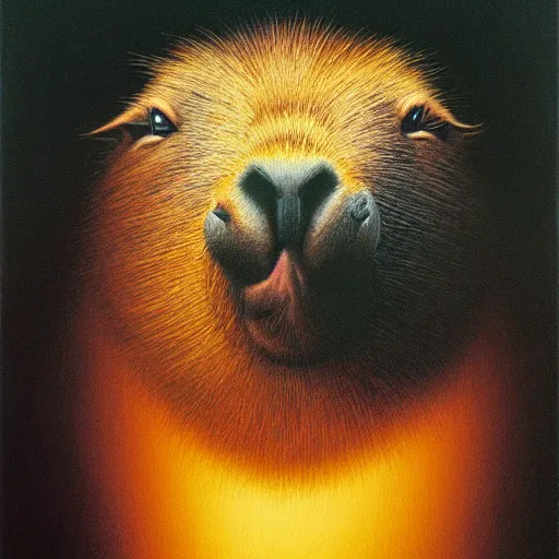 Image similar to a portrait of a capybara wearing a black hood, cloak covering face, anatomically correct, beautiful perfect face, enigmatic, oil painting, matte, black background, volumetric dynamic lighting, highly detailed, cinematic lighting, unreal engine, 8 k, hd, by beksinski