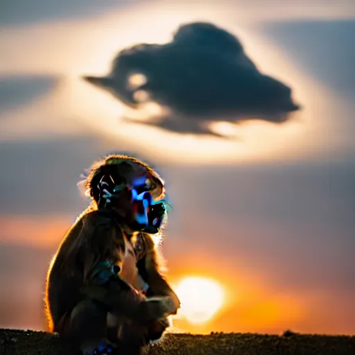 Image similar to stunning photo of a cloud shaped like a monkey, beautiful ambient light, golden hour, 85mm f1.8