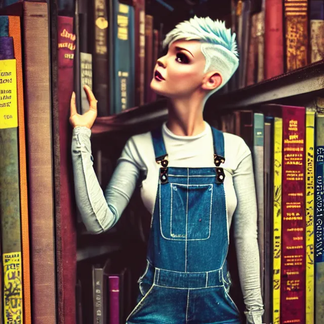 Image similar to full body pose, beautiful adult fairy, pixar, short white hair shaved sides, dirty, grungy, grunge, long sleeve, painted overalls, stacks of giant books, highly detailed, 4 k, hdr, smooth, sharp focus, high resolution, award - winning photo, artgerm, photorealistic