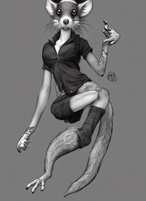 Image similar to character portrait of a female anthro possum fursona with a tail and a cute beautiful attractive detailed furry face wearing a tanktop and slacks with arm tattoos. Character design by charlie bowater, ross tran, artgerm, and makoto shinkai, detailed, inked, western comic book art