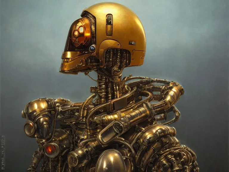 Image similar to a detailed profile oil painting of a polished humanoid robot with reflective visor, flight suit, portrait symmetrical and science fiction dieselpunk theme with aurora lighting by beksinski carl spitzweg and tuomas korpi. baroque elements, full-length view. baroque element. intricate artwork by caravaggio. Trending on artstation. 8k