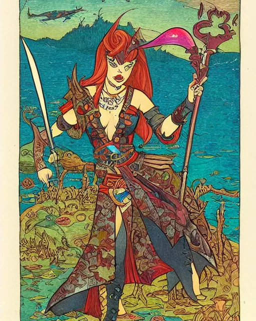 Image similar to a shark pirate queen with iridescent coloring and holding melee weapons by ivan bilibin