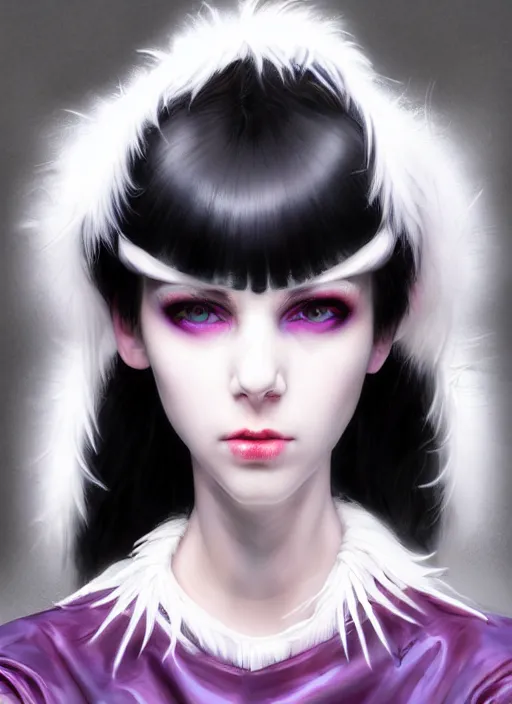 Image similar to whitebangs, black hair, black cyberlox, portrait of white teenage girl, normal face, white bangs, fluffy bangs, cyberlox, whitebangs, red contact lenses, purple background, intricate, elegant, highly detailed, digital painting, artstation, concept art, sharp focus, smooth, illustration, art by wlop, mars ravelo and greg rutkowski