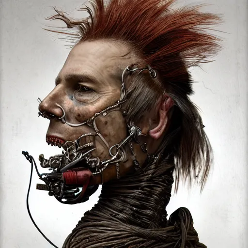 Image similar to portrait of a Shibari rope wrapped around the face and neck of an old cyborg merchant, mouth wired shut, headshot, insanely nice professional hair style, dramatic hair color, digital painting, of a old 17th century, amber jewels, baroque, ornate clothing, scifi, realistic, hyper detailed, chiaroscuro, concept art, art by Franz Hals and Jon Foster and Ayami Kojima and Amano and Karol Bak,