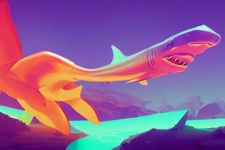 Image similar to a holographic projection of a huge colorful transparent shark appears in the desert at night, a man is stunned, by anton fadeev and beeple, highly - detailed, fantasy