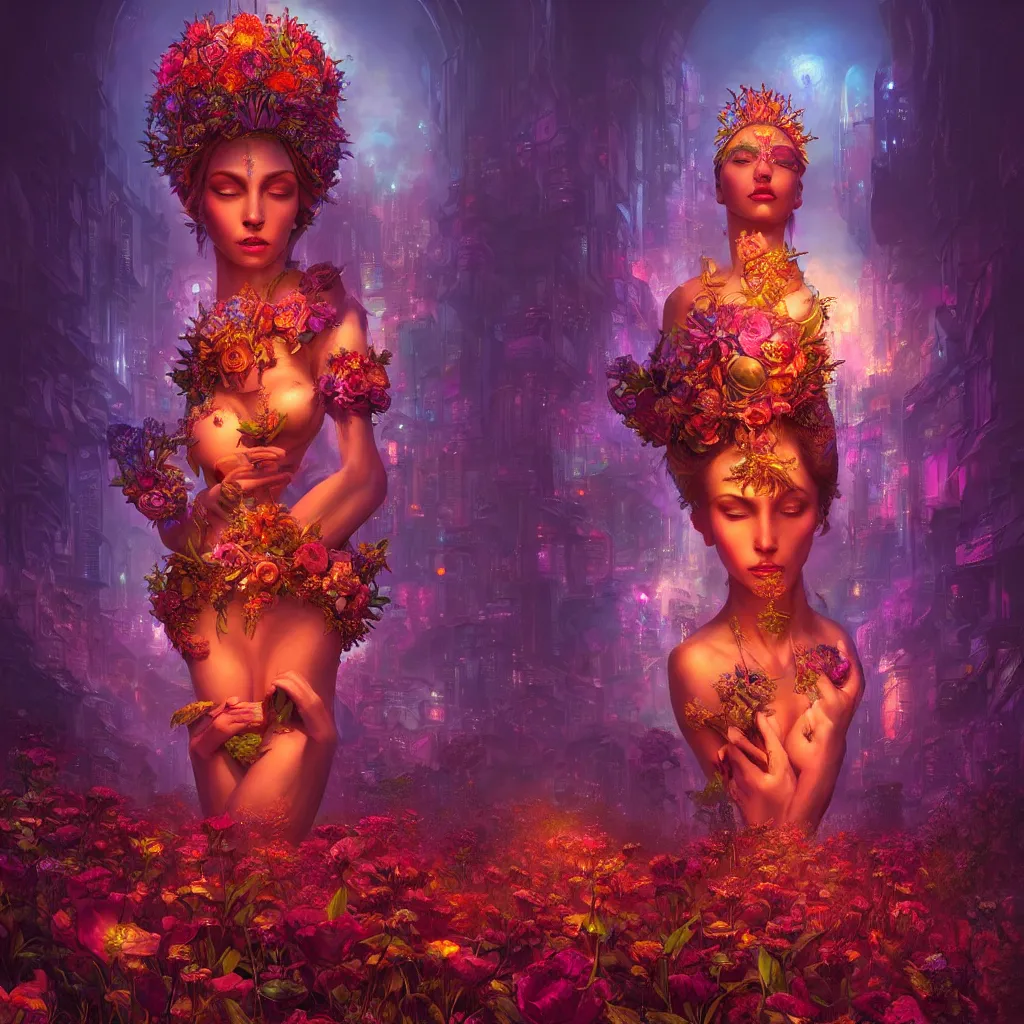 Image similar to Beautiful 3d render of the flower queen goddess in a sensual pose, atmospheric lighting, painted, intricate, volumetric lighting, beautiful, rich deep colours masterpiece, sharp focus, ultra detailed, in the style of Dan Mumford and marc simonetti, with a crowded futuristic cyberpunk city in the background, astrophotgraphy