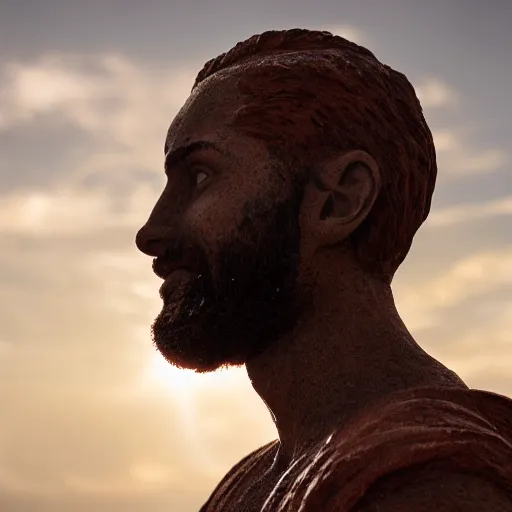 Image similar to cinematic still of a gust of wind blowing red clay sculpture of 30 year old middle eastern man head and shoulders in a human head and shoulders, strong, muscular, mysterious, fantastical, miraculous, epic, light rays, cinematic, Biblical epic directed by Steven Spielberg