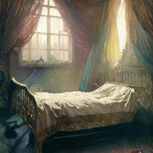 Prompt: a beautifull intricate watercolour painting of a bed room, reflexions, verry high details by william turner art, greg rutkowski and alphonse mucha, trending on artstation, very very detailed, masterpiece, muted colors