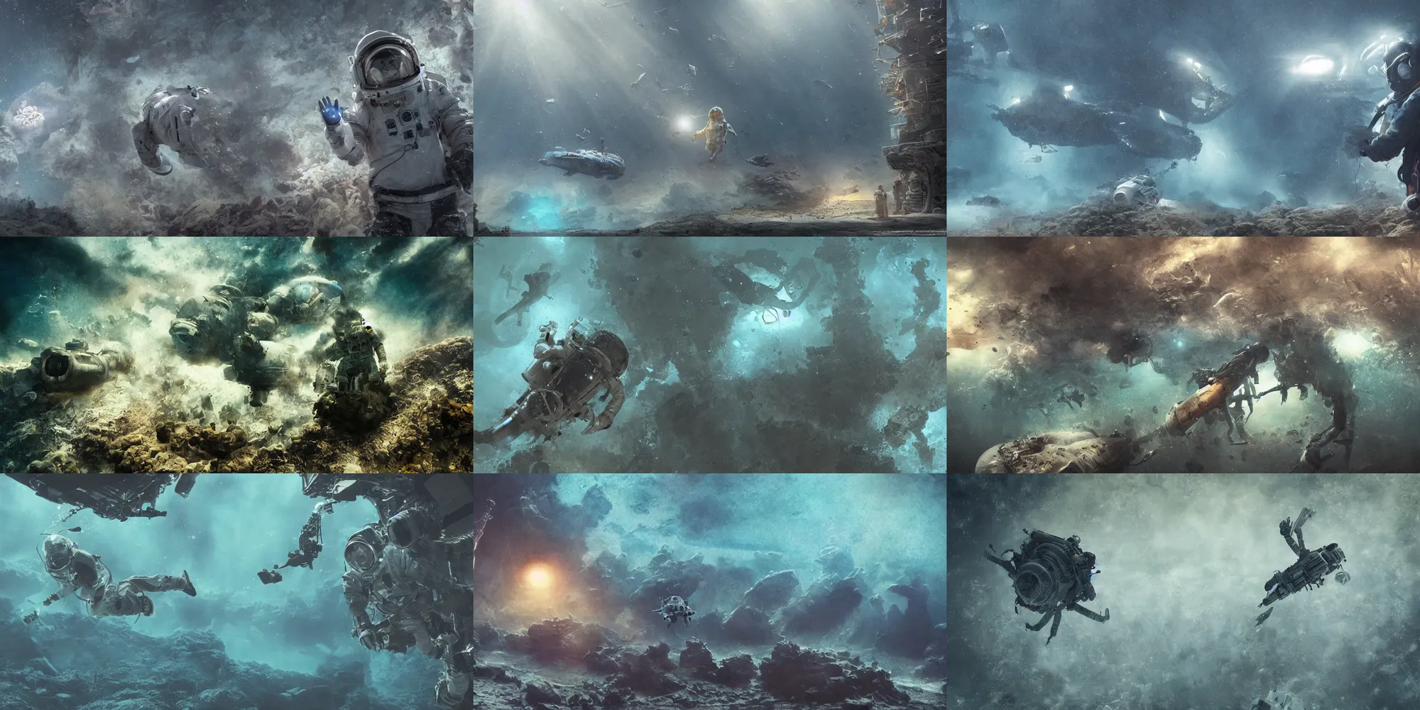 Prompt: astronaut underwater desert scene with air bubbles, crab smoke monster grabbing the astronaut, attacked submarine in background, atlantis city, dark, concept art, cinematic, dramatic, atmospheric, peacefull, 8 k, blue, fish, low visibility, fog, ocean floor, by denis villeneuve