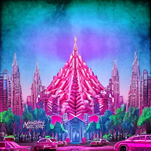 Image similar to mystical realistic poster with shaded lighting by arjun brooklyn radiant light, detailed and complex environment, solace, beautiful, utopic astral city in the sky with many buildings and temples reflecting an modern city on the ground with old growth pine trees, overlaid sacred geometry, with implied lines, gradient of hot pink and neon baby blue