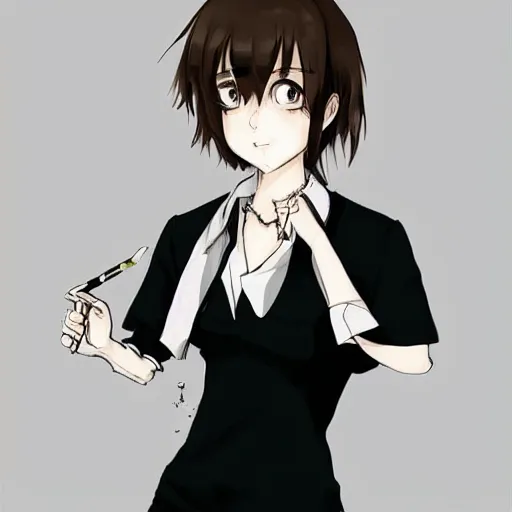 Image similar to portrait of a girl with short brown hair, wearing a white blouse and black choker, smoking a cigarette, drawn by WLOP, by Avetetsuya Studios, attractive character, colored sketch anime manga panel, unsaturated, dull colors, trending on Artstation