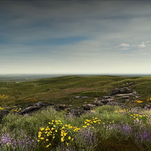 Image similar to a hilly area replete with smooth dark rocks. It's also replete with trees and wildflowers. You can see a bog in the distance. The temperature is cool and the sky is mostly clear. 4k, photorealistic, highly detailed,