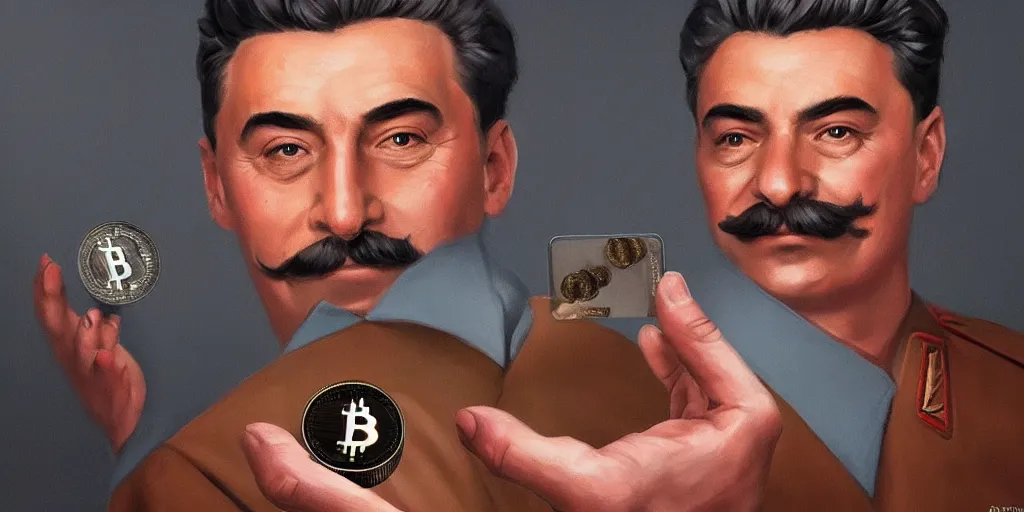 Prompt: realistic josef stalin holding cryptocurrency bitcoin coin in hand, in front of computer, portrait, highly detailed, hyperrealistic, digital painting, artstation, concept art, smooth, sharp focus, illustration, cinematic lighting, art by artgerm and greg rutkowski