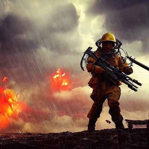Image similar to semi futuristic trench warfare, war, explosions, heavy machine gun fire, flame and fire, unreal engine, octane render, cinematic, epic, rainy stormy night, chaotic, 8k, ultra detailed, Artstation, Trending on Artstation, Artstation HQ, Artstation HD, deviant art, Pinterest, digital art, reflections,
