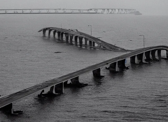 Image similar to grainy futuristic photo of the remains of an enormous broken freeway bridge on the new york coast after the apocalypse ; the bridge leads into the wide ocean