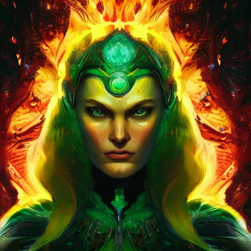 Image similar to portrait of jean grey, symmetry, hyperdetailed perfect face, green eyes, comic, phoenix rising, burning flames, intricate, detailed, volumetric lighting, scenery, digital painting, highly detailed, artstation, sharp focus, illustration, concept art, ruan jia, steve mccurry