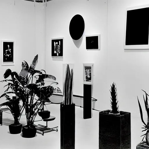 Image similar to A black and white photo in sérigraphie of an exhibition space with works of Sun Ra, Marcel Duchamp and tropical plants, 60s style, art magazine