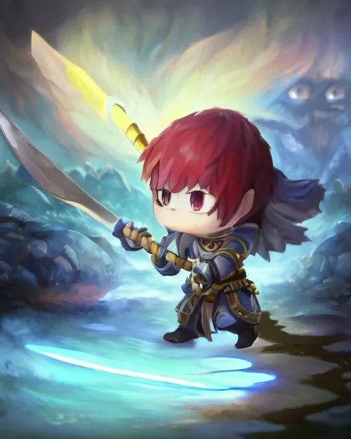 Image similar to oil painting of a cute chibi MapleStory warrior,, attacking, casting a spell with a spear, wearing a MapleStory warrior outfit, sharp focus, fantasy style, octane render, volumetric lighting, 8k high definition, by greg rutkowski, highly detailed, trending on artstation, magic the gathering artwork, Perion background from MapleStory, centered