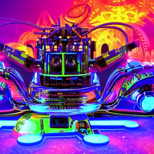 Prompt: album art, the album is called tripmachine,, a huge futuristic steampunk machine made of music instruments, 8 k, fluorescent colors, halluzinogenic, multicolored, blue neon accents, exaggerated detailed, front shot, 3 d render, octane