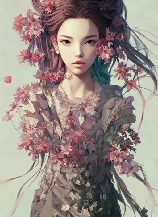Image similar to 3 / 4 view lisa blackpink portrait illustration, beautiful floral and plants ornaments in cloth and hair, art by ilya kuvshinov, hayao miyazaki, peter mohrbacher and makoto shinkai