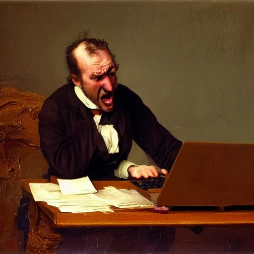 Image similar to an angry man yells at his computer monitor, oil on canvas, 1 8 8 3, highly detailed