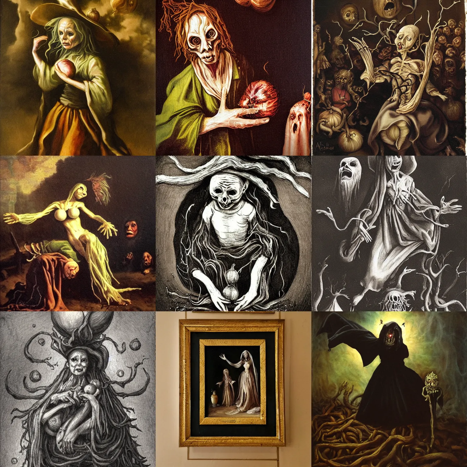 Prompt: onion witch, baroque painting, horror scene