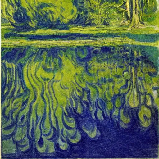 Image similar to geometric refracting pond swamp ash tree, by david hocknet and claude monet, renaissance painting, an ink drawing