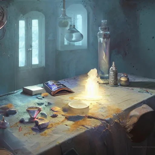 Prompt: hyper real, table, wizards laboratory, greg rutkowski, mortar, pestle, scales with magic powder, energy flowing, magic book, beakers of colored liquid, tony sart