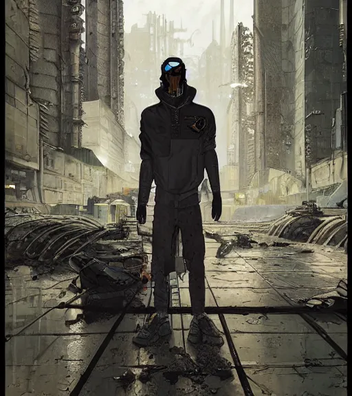 Prompt: a cyberpunk man with mole-like features explores a ruin, techwear, Industrial Scifi, detailed illustration, character portrait, by Martin Grip and Moebius