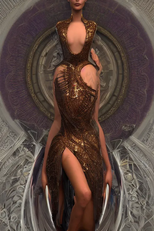 Prompt: a portrait of a beautiful ancient alien woman goddess bella hadid deity standing in iris van herpen dress in diamonds and fractals in style of alphonse mucha art nuvo dmt trending on artstation made in unreal engine 4