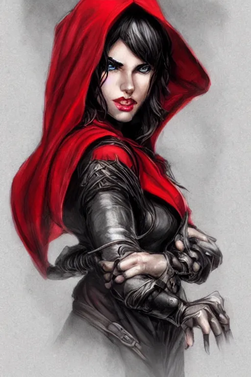 Image similar to thief red riding hood, d & d, fantasy, portrait, highly detailed, headshot, digital painting, trending on artstation, concept art, sharp focus, illustration, art by artgerm and travis charest