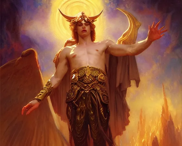 Image similar to attractive male deity, casting demonic magic, summoning handsome lucifer morning star. highly detailed painting by gaston bussiere, craig mullins, j. c. leyendecker 8 k