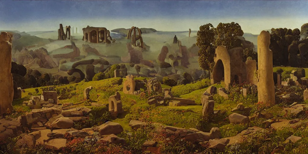 Prompt: bucolic landscape with antique ruins, high detail, crepuscular ray, light through the mist, dramatic lighting, by Grant Wood, by Bekzinsky, by Salvador Dali, by Antoni Gaudi, by Maxfield Parrish, by Nicholas Roerich, by H.R. Giger