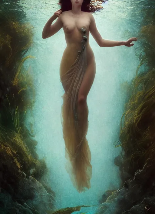 Prompt: hyper realist matte digital painting of a beautiful woman, beautiful face, underwater photography, full body, jugendstill, floating in water, flowing gown, bubbles rising, seaweed, headspace, fairytale, fantasy art, photo realistic, dynamic lighting, artstation, volumetric lighting, by mucha, by charlie bowater, by karol bak, by alma tadema