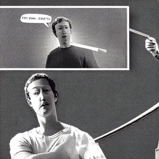 Image similar to mark zuckerberg swinging a katana sword