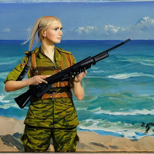 Prompt: Blond female Ukrainian soldier, in camouflage uniform with rifle, looking across the sea toward Crimea, oil painting