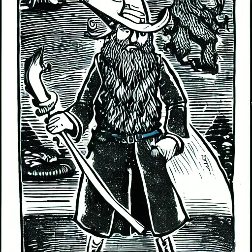 Image similar to wizard with beard, holding a bomb, dnd, high detail, fantasy, in the style of vintage antique illustration and line drawing or engraving, woodcut,