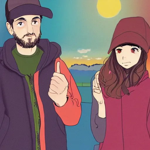 Image similar to hila klein holding hands with ethan klein, anime style, digital art, cute, teddy fresh