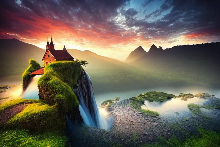 Image similar to Gediminas Pranckevicius amazing landscape photo of mountains with lake and abandoned house on top of a waterfall at sunset by marc adamus beautiful dramatic lighting,