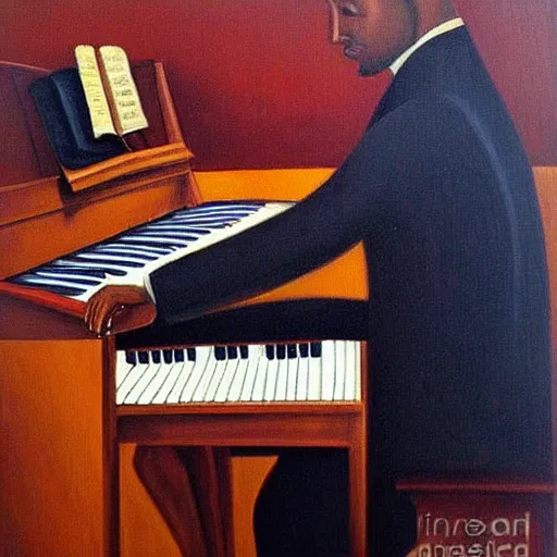Prompt: painting of a black man playing piano by Michael Cheval