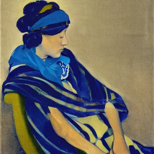 Prompt: A beautiful computer art of a lady with a blue scarf on her head, sitting in a chair with her eyes closed. by Giacomo Balla, by Hans Thoma