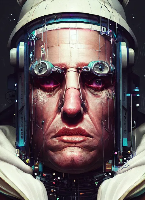 Prompt: the cyberpunk pope, au naturel, hyper detailed, digital art, trending in artstation, cinematic lighting, studio quality, smooth render, unreal engine 5 rendered, octane rendered, art style by klimt and nixeu and ian sprigger and wlop and krenz cushart